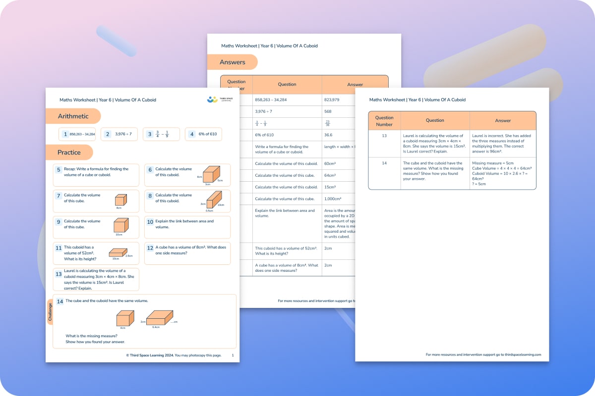 Maths Worksheets | Volume Of A Cuboid | Year 6