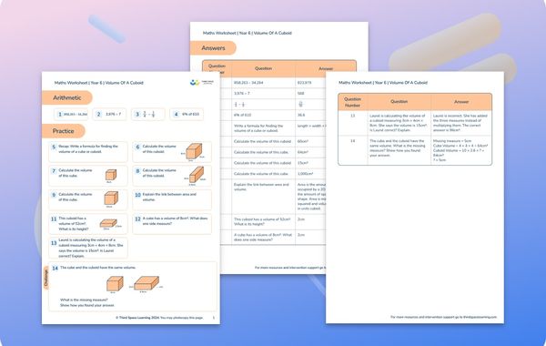Maths Worksheet Volume Of A Cuboid Year 6