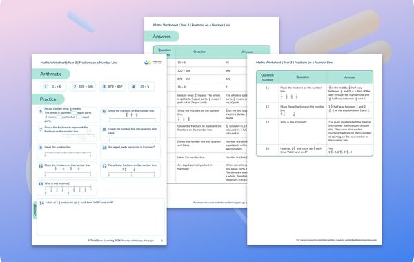 Maths Worksheet Fractions on a Number Line Year 3