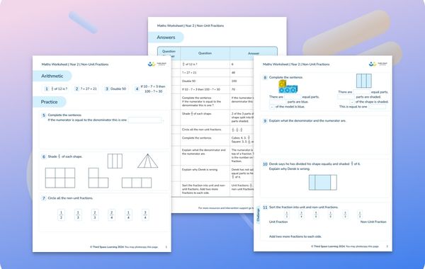 Maths Worksheet Non-Unit Fractions Year 2