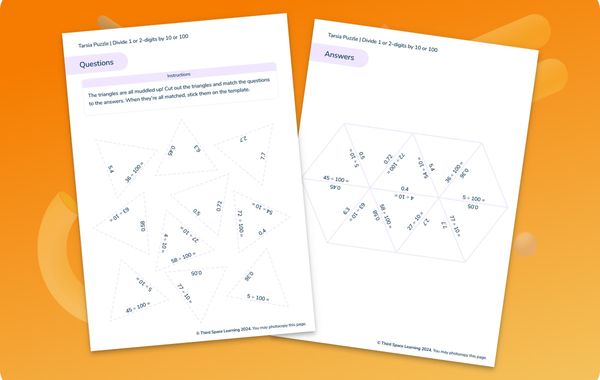 Tarsia Puzzle | Divide 1 Or 2-Digits By 10 Or 100 | Year 4