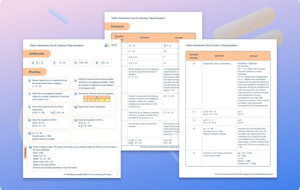 Maths Worksheet Solving 2-Step Equations Year 6