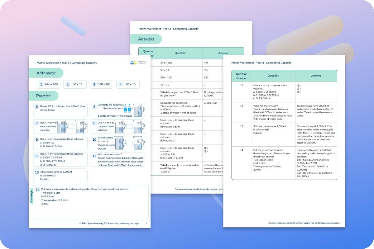 Maths Worksheets | Comparing Capacity | Year 3