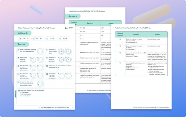 Maths Worksheet Telling The Time To 5 Minutes Year 3