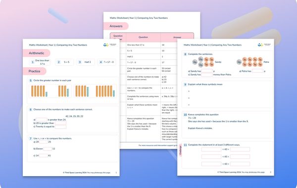 Maths Worksheet Comparing Any Two Numbers Year 1