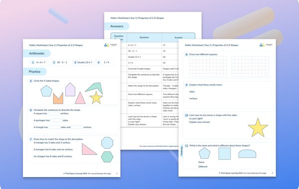 Maths Worksheet Properties of 2-D Shapes Year 2