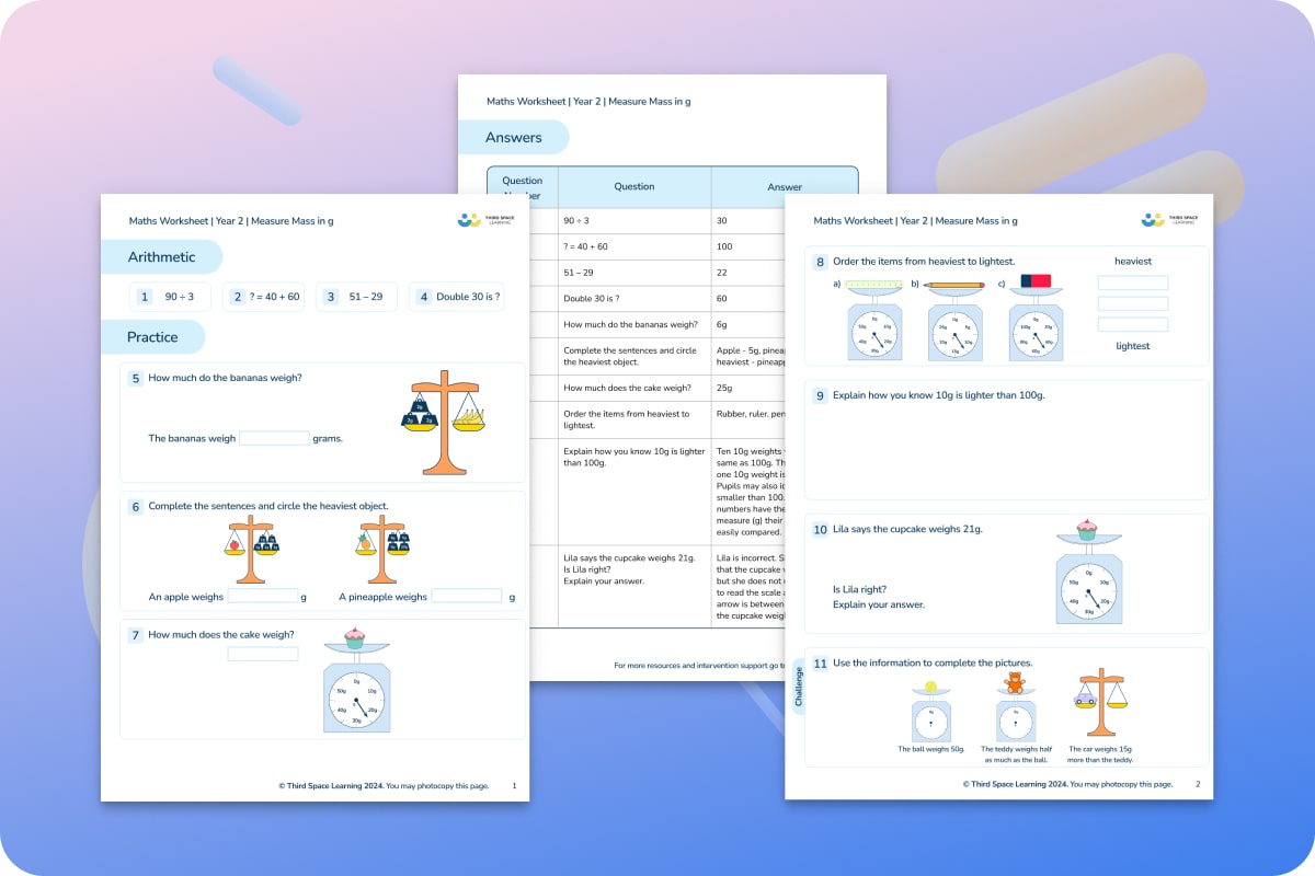 Maths Worksheets | Measuring Mass In G | Year 2