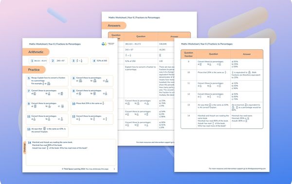Maths Worksheet Fractions to Percentages Year 6