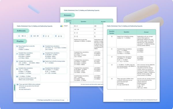 Maths Worksheet Adding and Subtracting Capacity Year 3