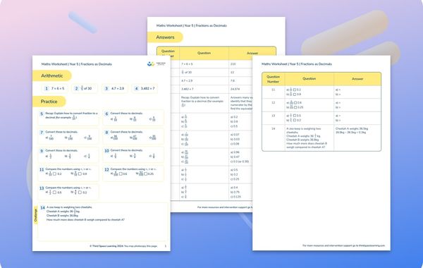 Maths Worksheet Fractions as Decimals Year 5