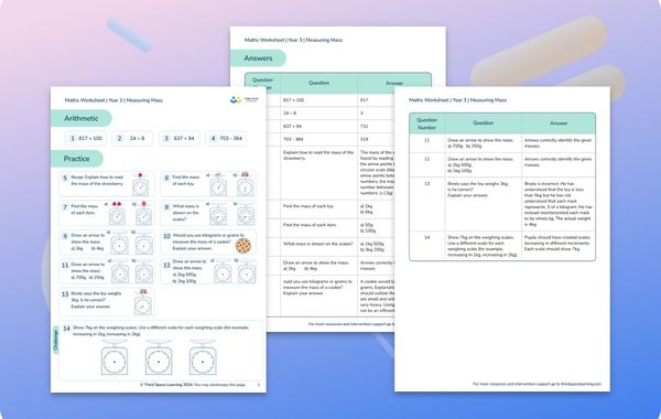 Maths Worksheet Measuring Mass Year 3