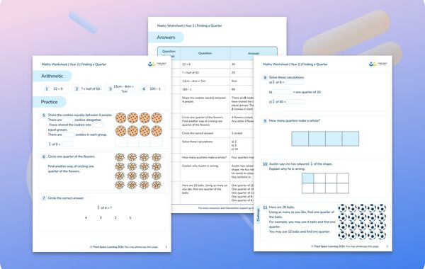 Maths Worksheet Finding a Quarter Year 2