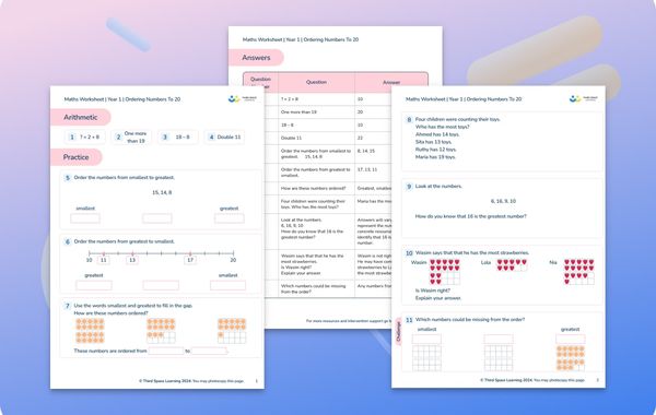 Maths Worksheet Ordering Numbers To 20 Year 1