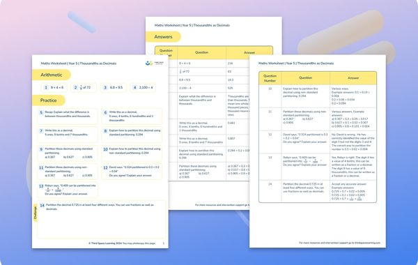 Maths Worksheet Thousandths as Decimals Year 5