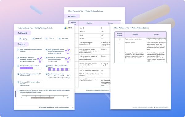Maths Worksheet Writing Tenths as Decimals Year 4