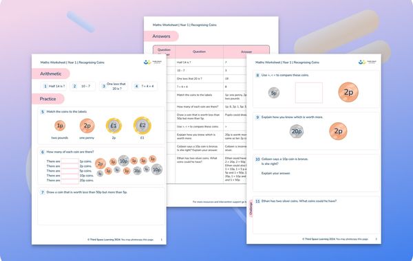 Maths Worksheet Recognising Coins Year 1