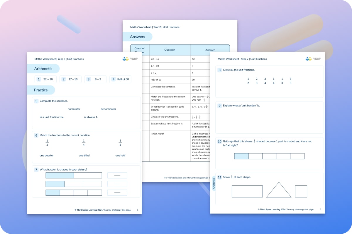 Maths Worksheets | Unit Fractions | Year 2