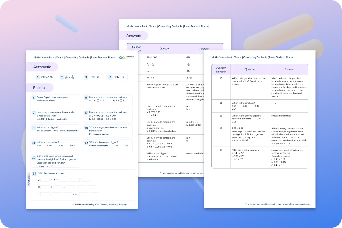 Maths Worksheets | Comparing Decimals | Year 4