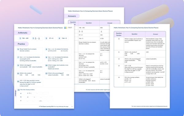 Maths Worksheet Comparing Decimals Year 4