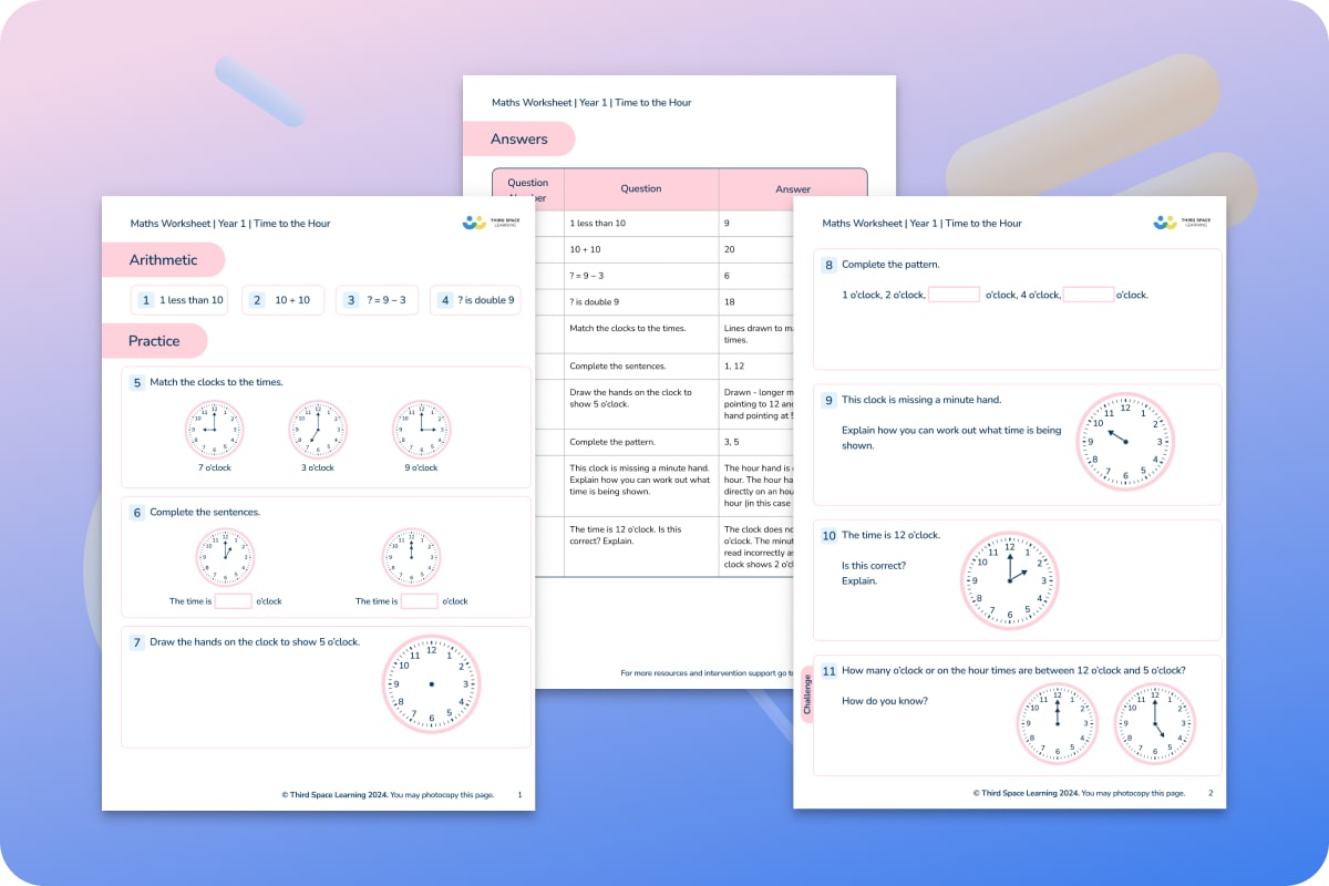 Maths Worksheets | Time To The Hour | Year 1