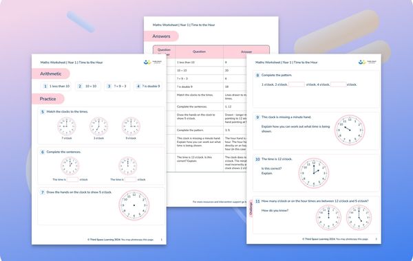 Maths Worksheet Time to the Hour Year 1