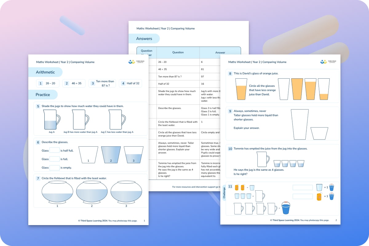 Maths Worksheets | Comparing Volume | Year 2