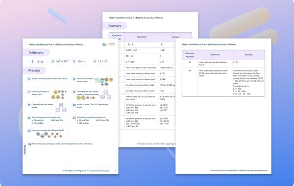 Maths Worksheet Making Amounts of Money Year 4