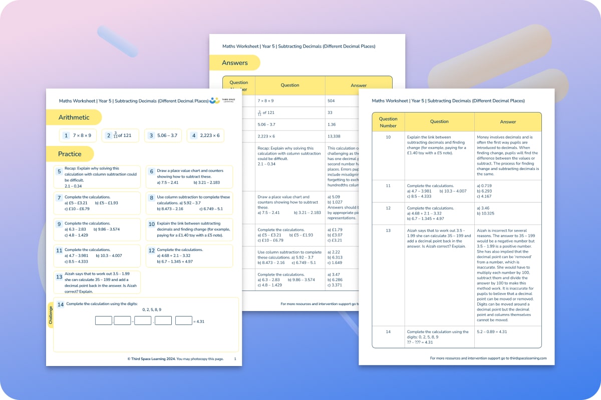 Maths Worksheets | Subtracting Decimals With Different Decimal Places | Year 5