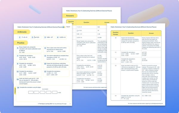 Maths Worksheets Subtracting Decimals With Different Decimal Places Year 5