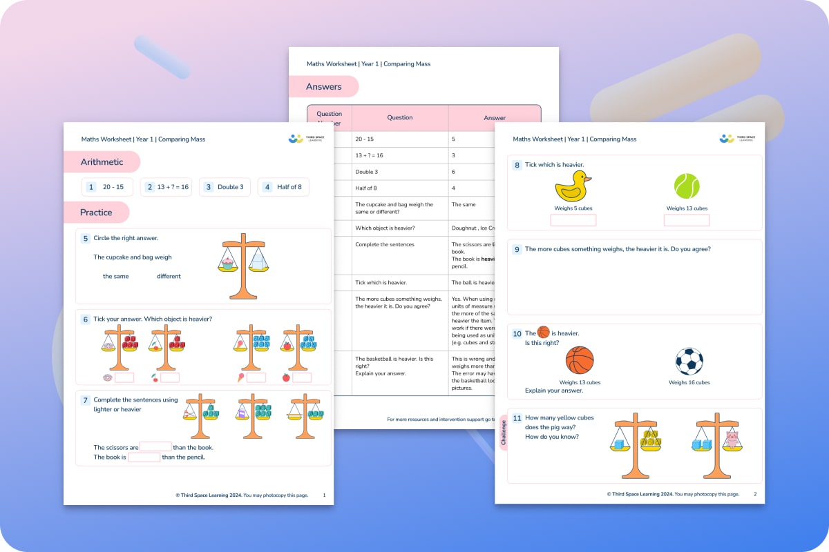 Maths Worksheet Comparing Mass Year 1 Maths Hub Third Space Learning