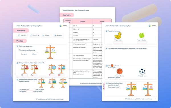 Maths Worksheet Comparing Mass Year 1