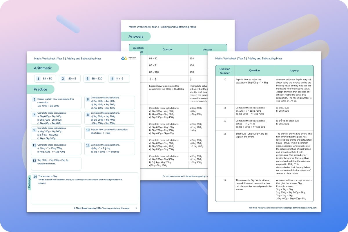 Maths Worksheets | Adding And Subtracting Masses | Year 3