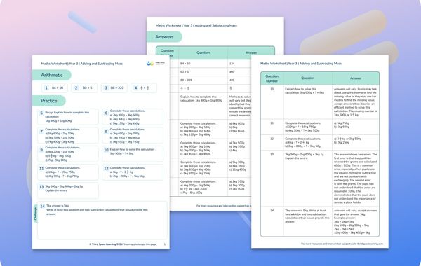 Maths Worksheet Adding and Subtracting Masses Year 3