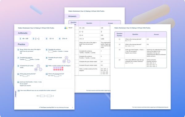 Maths Worksheet Making A Whole With Tenths Year 4