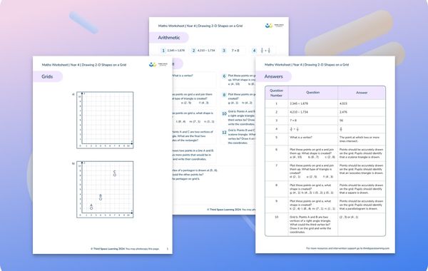Maths Worksheet Drawing 2-D shapes on a Grid Year 4