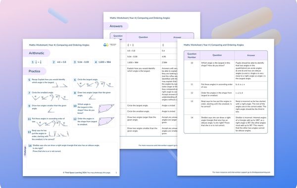 Maths Worksheet Comparing and Ordering Angles Year 4