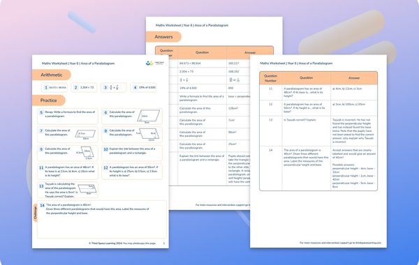 Maths Worksheet Area of a Parallelogram Year 6