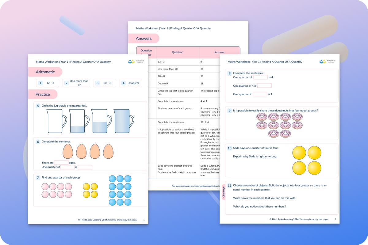 Maths Worksheets | Finding A Quarter Of A Quantity | Year 1