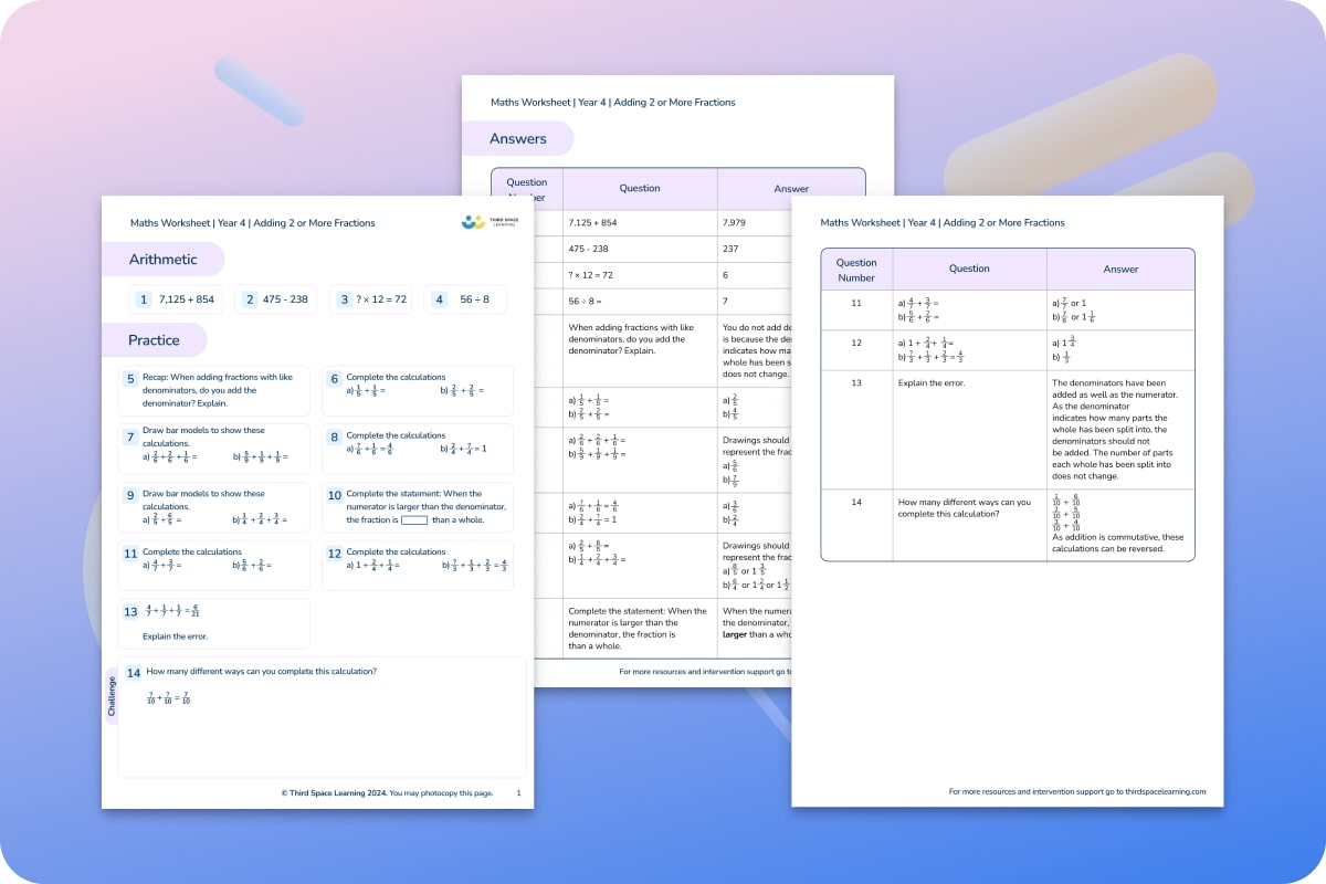 Maths Worksheets | Adding 2 Or More Fractions | Year 4