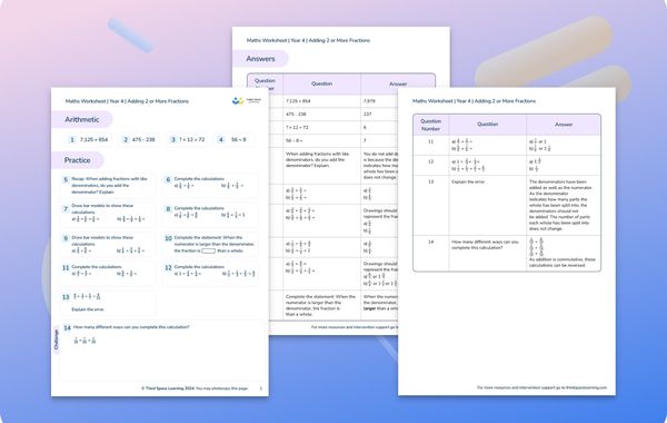 Maths Worksheet Adding 2 or More Fractions Year 4