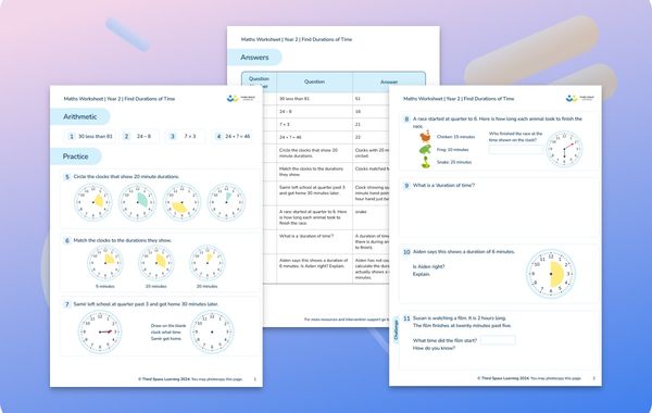 Maths Worksheet Finding Durations of Time Year 2