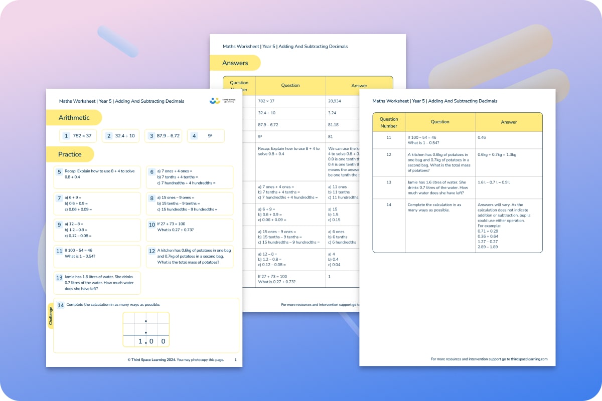 Maths Worksheets | Adding And Subtracting Decimals | Year 5