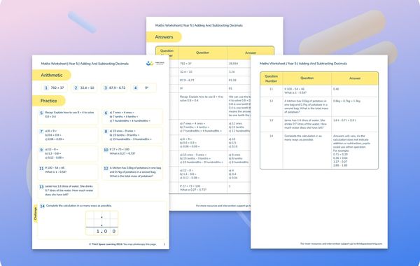 Maths Worksheet Adding and Subtracting Decimals Year 5