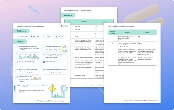 Maths Worksheet Turns and Angles Year 3