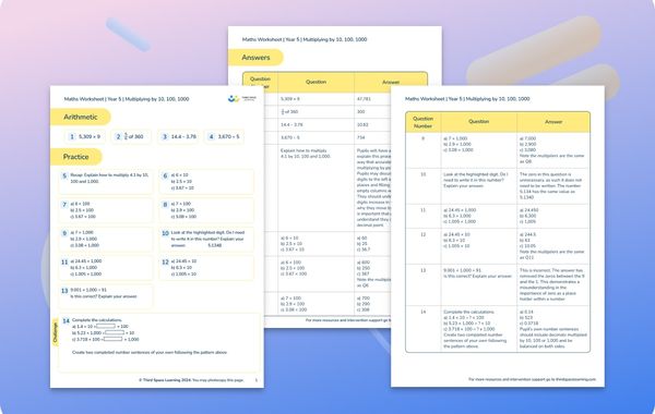Maths Worksheet Multiplying by 10, 100 and 1,000 Year 5