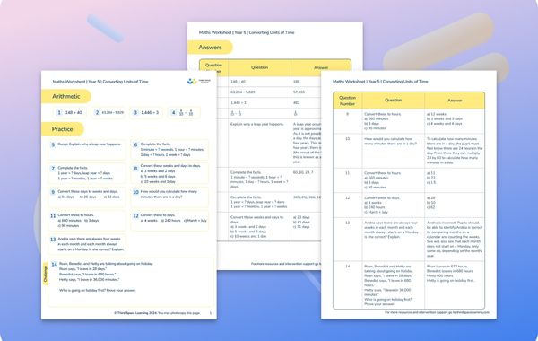 Maths Worksheet Converting Units of Time Year 5
