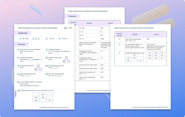 Maths Worksheet Making A Whole With Hundredths Year 4