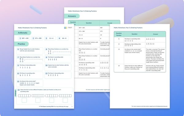 Maths Worksheet Ordering Fractions Year 3