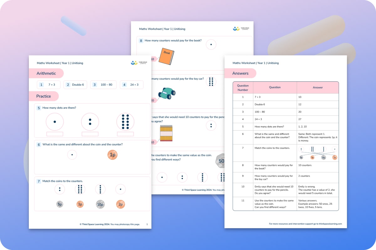 Maths Worksheet | Unitising | Year 1