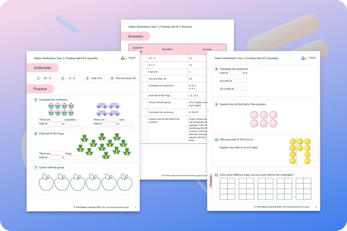 Maths Worksheets | Finding Half Of A Quantity | Year 1